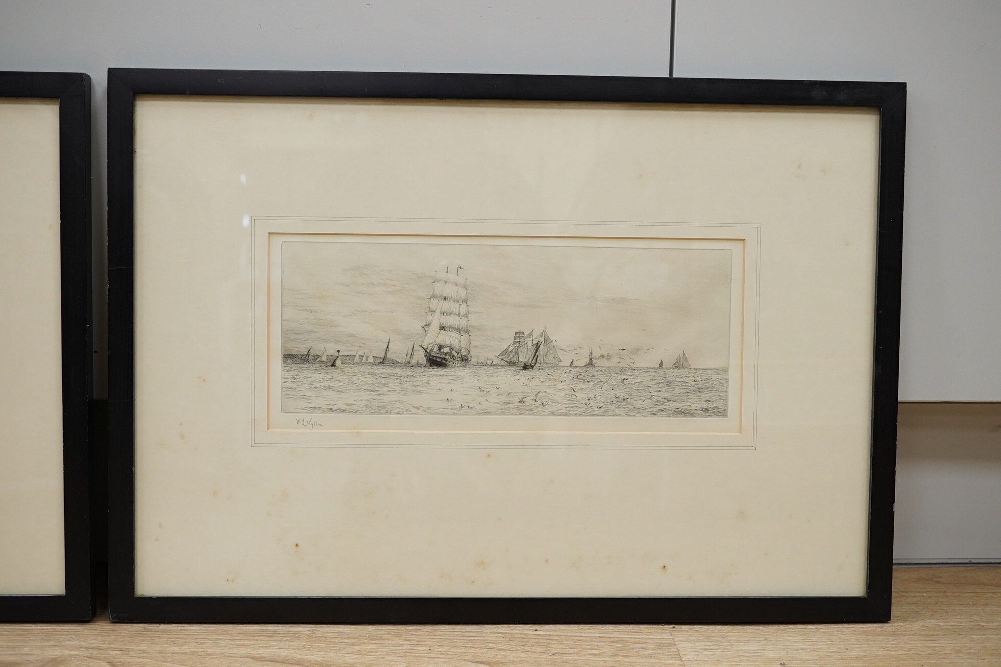 William Lionel Wyllie (1851-1931), two etchings, signed in pencil, comprising Shipping the tow rope and Fantome and Sunbeam, largest 23 x 39cm. Condition - fair